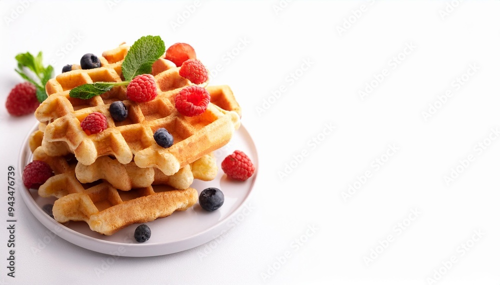 Wall mural fresh belgian waffles white background breakfast with berries