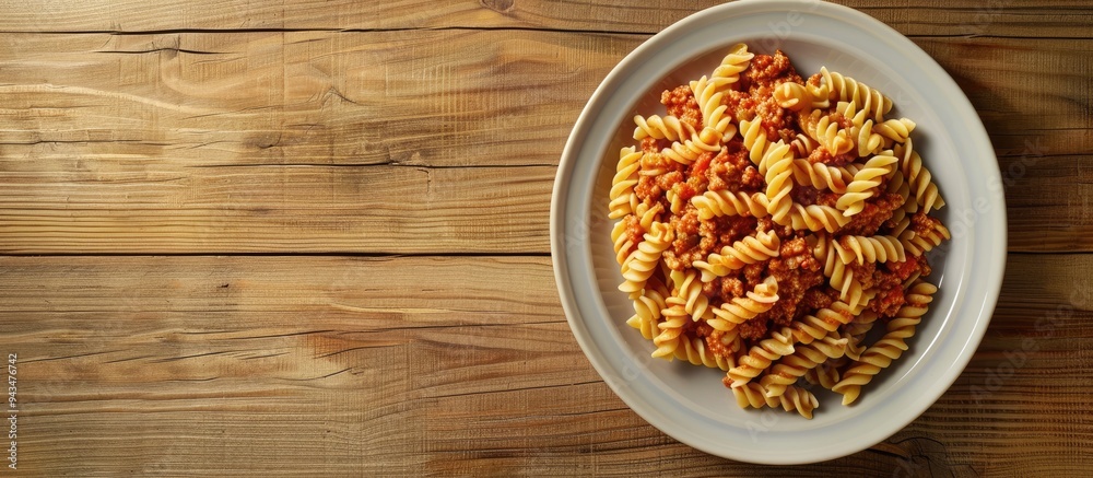 Poster A plate with pasta and minced meat is displayed on a wooden table with copy space image