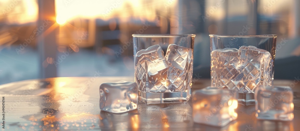 Aufkleber A bar setting showing two glasses with ice cubes ready for a refreshing beverage with copy space image