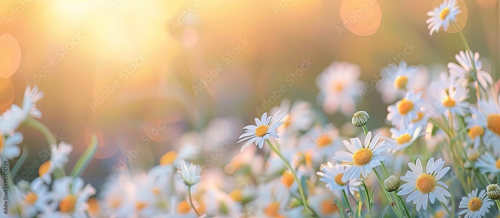 Aufkleber soft focus on chamomile flowers in a field during summer with a blurred background allowing for copy