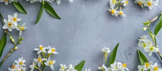 A floral frame with white lilac and daffodils arranged on a gray surface featuring an empty area in the center for text perfect for a flat lay image with space for copy