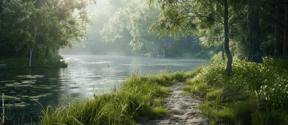 Poster scenic path on the forest s riverbank with a copy space image