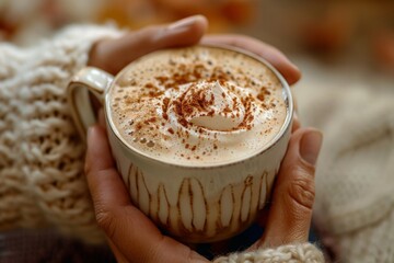 A closeup of hands holding a pumpkin spice latte, with cozy knit sleeves peeking into the frame