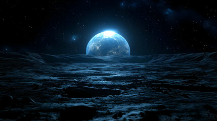 A blue planet rises over a dark, rocky landscape, casting a soft glow on the surface.