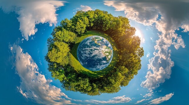 A small planet is surrounded by trees and the sky