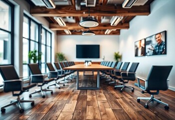 Defocused office background of a Board room with rustic wooden flooring, ai