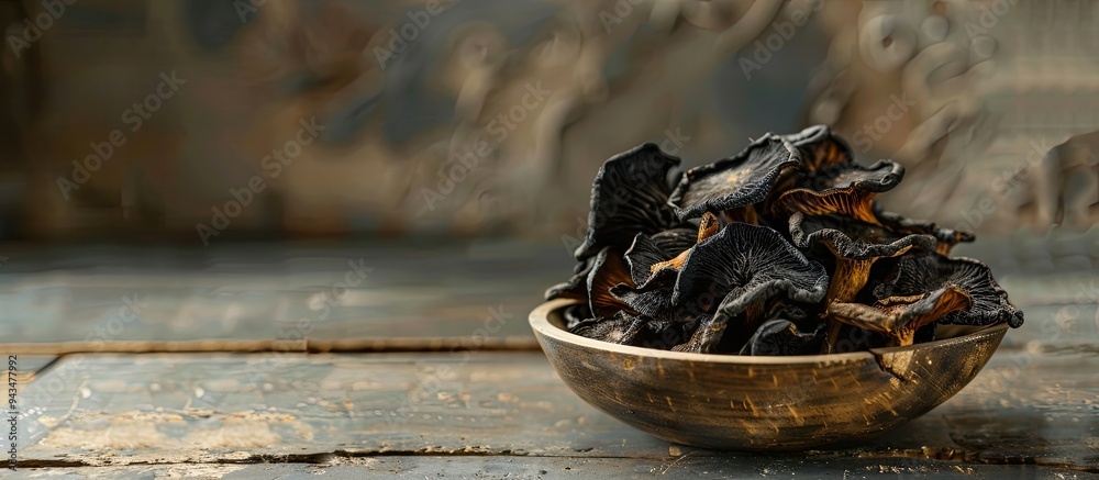 Poster dried black fungus mushrooms are a delicious snack placed on a table with a food background perfect 