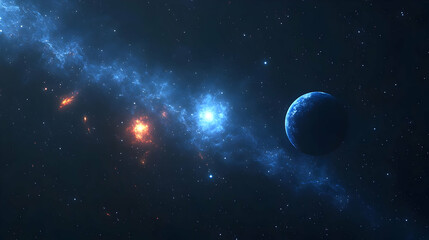 A blue planet sits in the dark expanse of space, with nebulae and distant stars behind it.