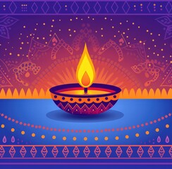 A lit diya on a colorful background