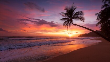 a sunset paints the sky in hues of orange pink over a tranquil beach with a palm tree swaying gently waves kiss the shore generative ai