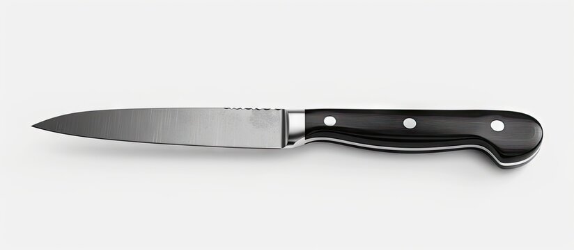Serrated blade kitchen knife with a black plastic handle isolated on a white background providing copy space in a side view image