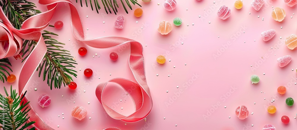 Poster Pink background with jelly candies and ribbon shaped like Christmas trees there s room for text in the image. Creative banner. Copyspace image