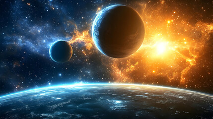 Obraz premium A blue planet with a bright star and two planets in the background.