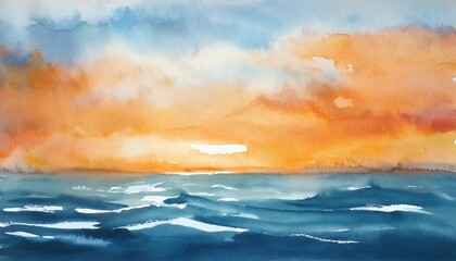Obraz premium watercolor painting of abstract ocean horizon sunset background template