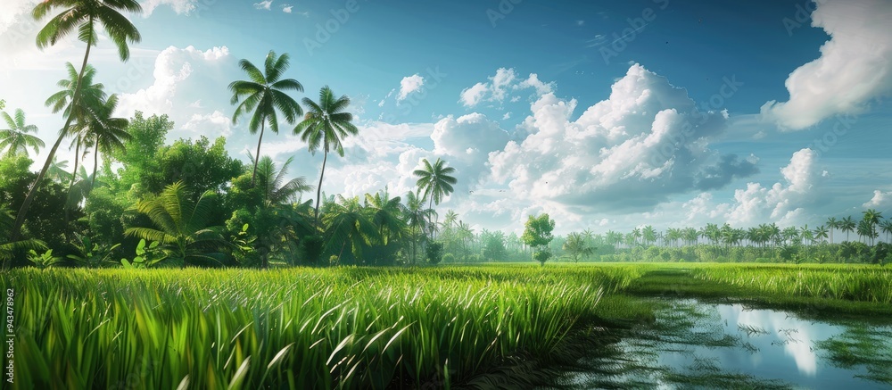 Poster Scenic view of a lush paddy field with coconut trees in the background set against a vibrant sky with white clouds ideal for a copy space image
