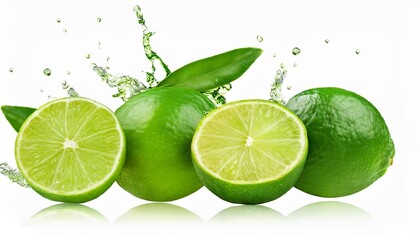 fresh limes splashing with leaves cut out