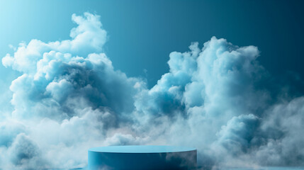 Blue Podium in Cloudy Sky. Generative AI