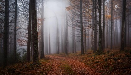 Obraz premium beautiful shot of a dark mysterious forest on a foggy day in fall