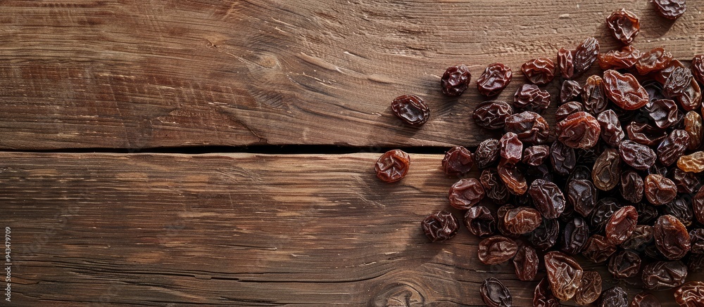 Poster top view of raisins on a wooden table ideal for text placement in the image raisins are a nutritious