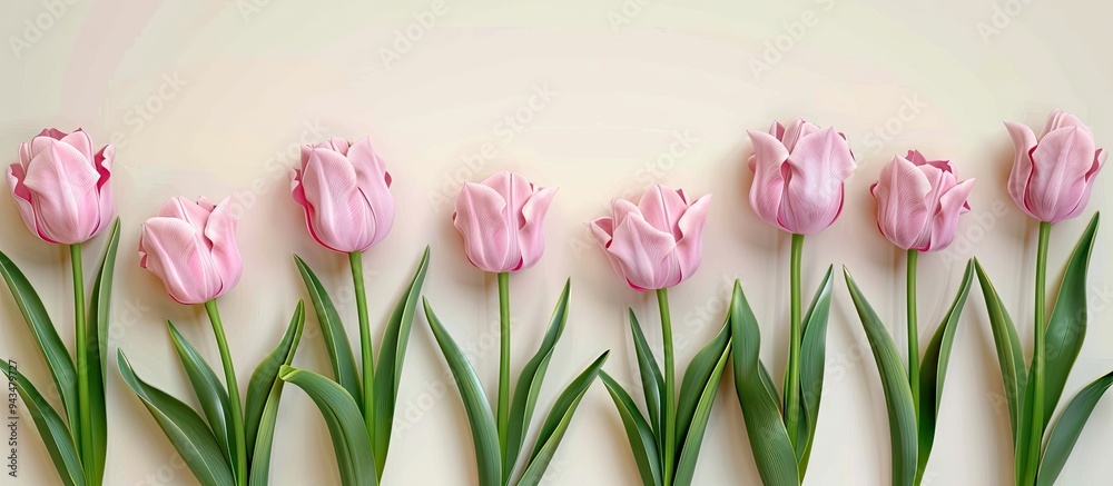 Poster top view of a beautiful bunch of pastel pink tulips creating a floral border against a light backgro