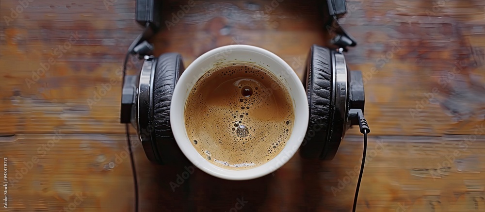 Poster an overhead view capturing a coffee cup and headphones with space for text or images. creative banne