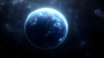 A blue planet with a glowing surface and stars in the background.