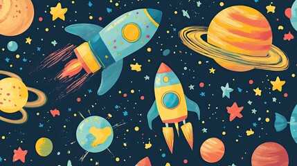Fototapeta premium Colorful space-themed wallpaper featuring rockets, planets, and stars, perfect for a child's adventurous bedroom.