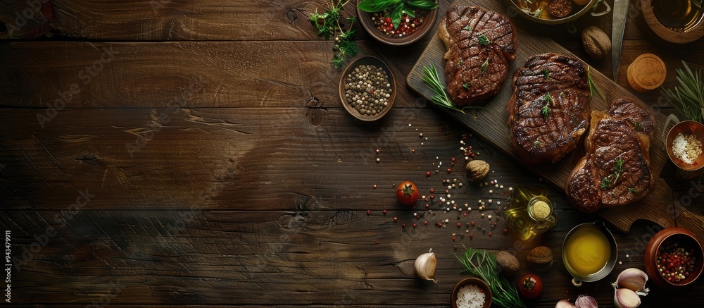 Poster view from above of a cooking table with two beef steaks displayed on a cutting board surrounded by h
