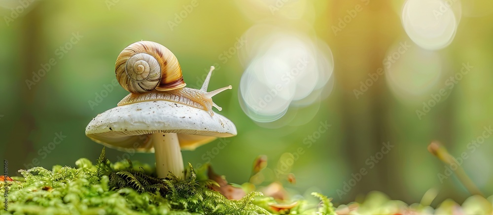 Poster A small snail on a white mushroom against a green backdrop with copy space image