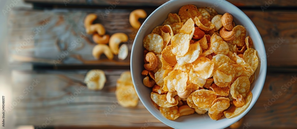 Aufkleber close up of a bowl filled with crispy salty snacks like nuts and chips on a wooden backdrop perfect 