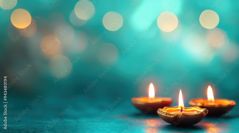 Poster Three lit diyas on blue