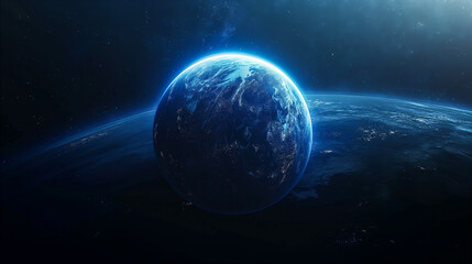 Fototapeta premium View of Earth from space highlighting vibrant blue atmosphere on dark background. Generative AI