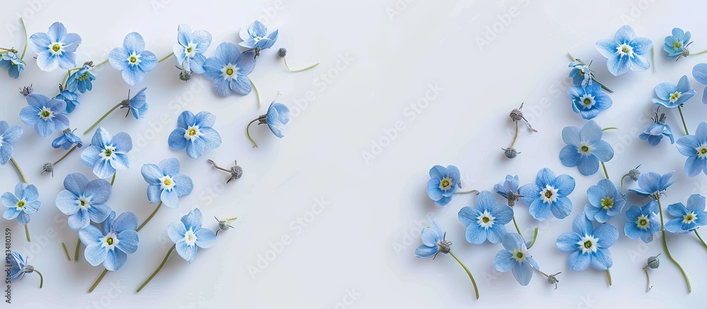 Aufkleber Top view of forget me not flowers on a white background with empty space for your text in an image. Creative banner. Copyspace image