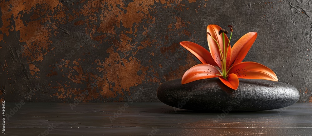 Aufkleber podium display featuring a black textured stone with an orange lily atop creates an elegant composit
