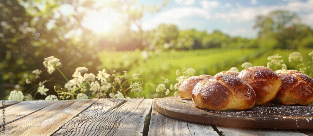 Poster Wooden table displaying freshly baked buns with available copy space image for product placement set against a blurred green field backdrop