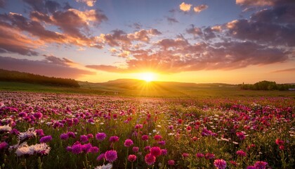 this image depicts a stunning sunrise over a field of blooming flowers with the sun rising above the horizon and clouds scattered across the sky