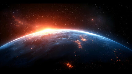 A blue planet with a red sun rising in the distance, with stars and galaxies in the background.
