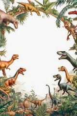 dinosaurs at edges in circle, blank white in the center of page, white background, copy and text spac,e 2:3