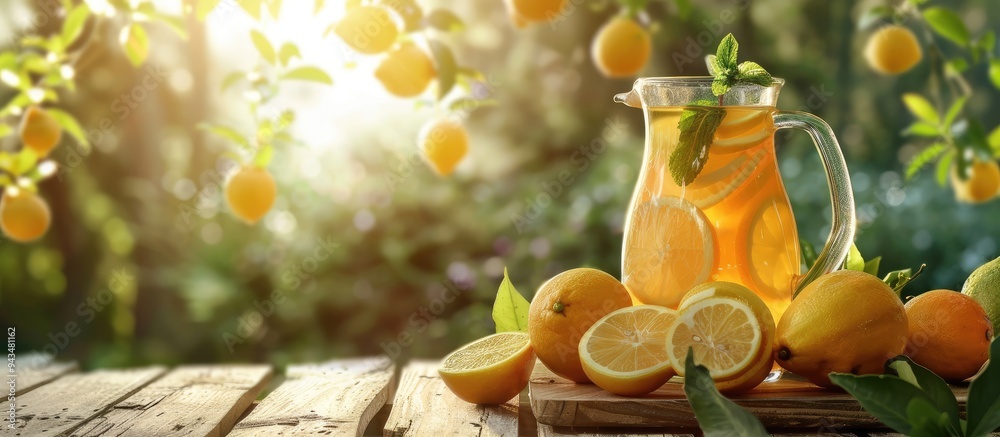 Poster wooden table outdoors serving freshly made lemonade in a jug surrounded by citrus fruits creating a 