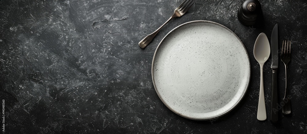 Poster dark textured concrete background with an empty ceramic round plate set for dinner accompanied by cu