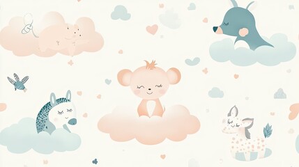 Whimsical pastel-colored wallpaper with playful animals and soft clouds, ideal for a calming and nurturing nursery.