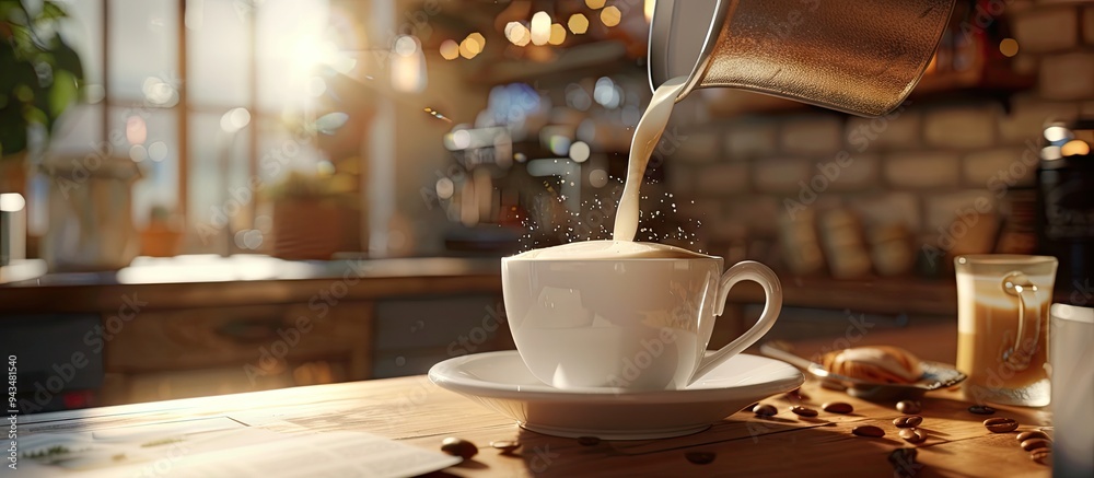 Poster In a studio setting milk is being poured into freshly brewed coffee in a professional setup with a designated area for inserting images. Creative banner. Copyspace image