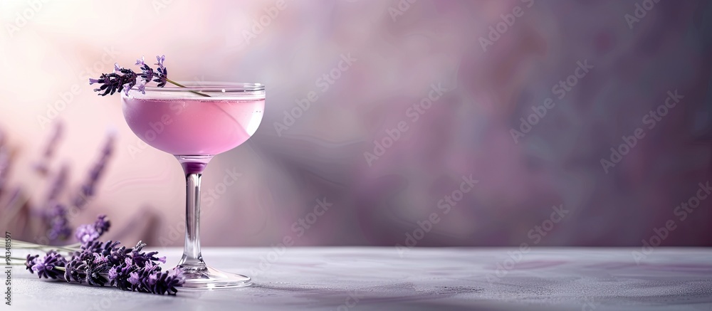 Poster gray background setting the stage for a lavender gin cocktail in a glass with ample copy space image