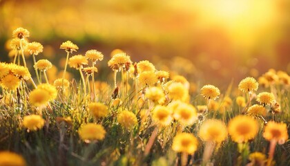 cute fluffy little yellow wildflowers in nature on a meadow on sunny spring or summer day soft selective focus