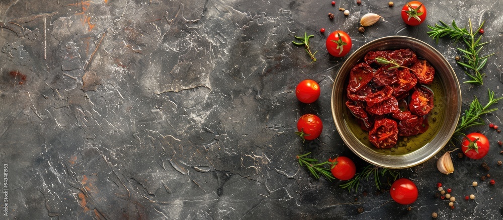 Poster top down view of sun dried tomatoes in olive oil seasoned with thyme and garlic placed on a rustic s