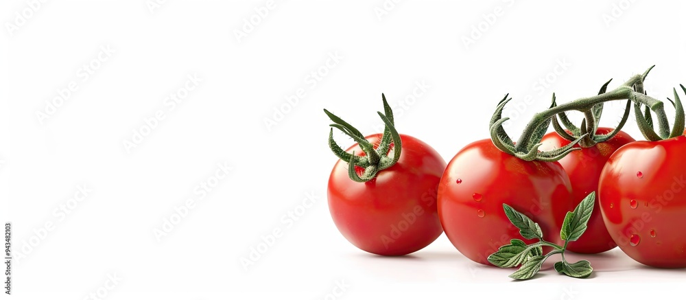 Poster fresh red and delicious tomatoes on a white background with copy space image