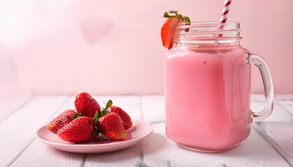 focus on a glass jar with a handle filled with a pink fruit cocktail next to a saucer with strawberries