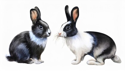 watercolor illustration of black white dutch rabbit pet farm animal