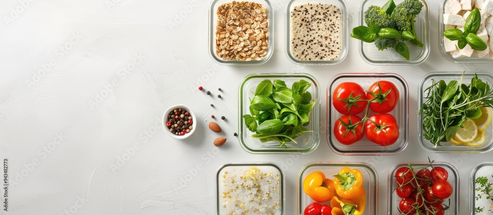 Leinwandbilder nutritious food displayed in glass containers with ingredients on a white background in a flat lay c