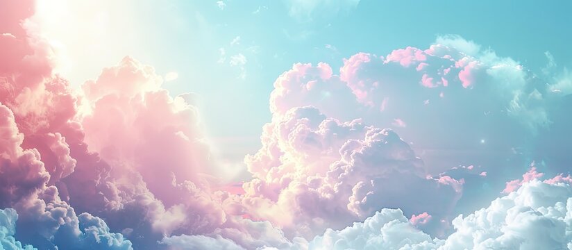 Soft pastel clouds on a blue sky provide a dreamy paradise concept with open copy space for a banner on a real sky background Displayed as a poster with clouds